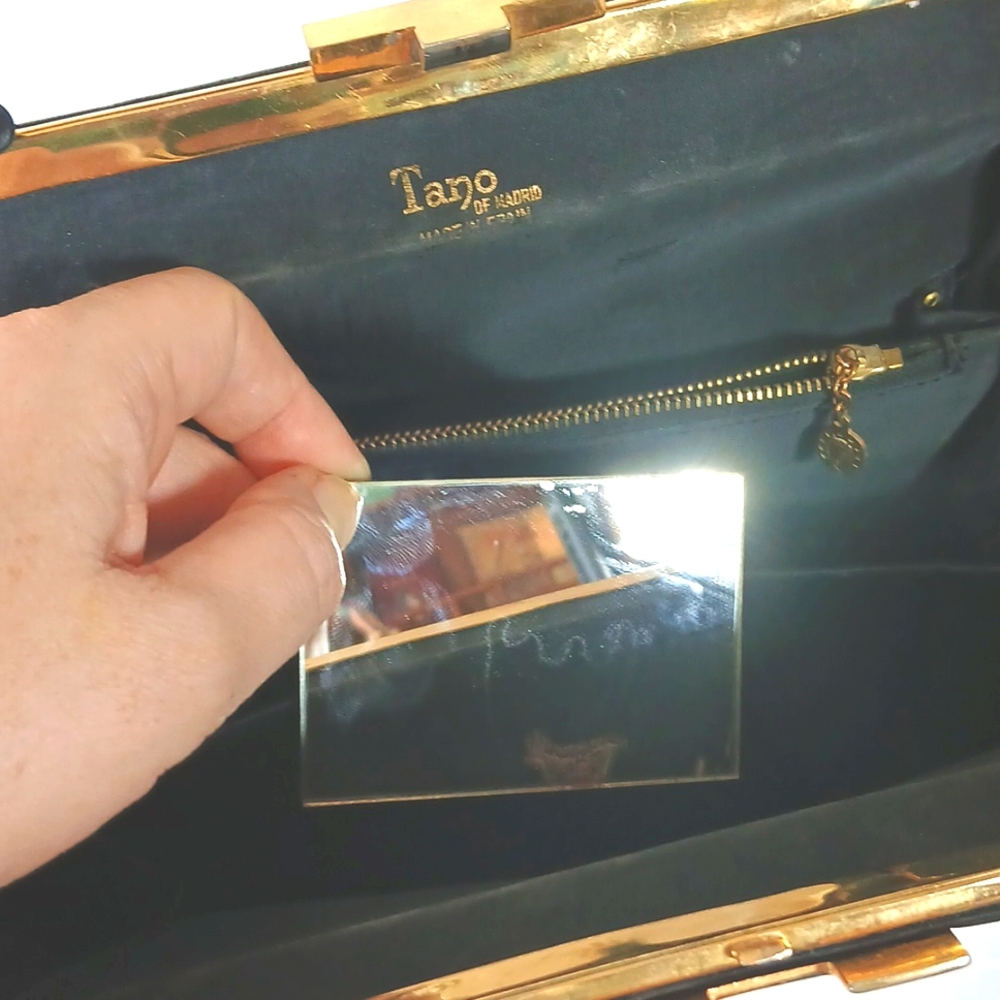 👜 1940s Tano of Madrid Black Silk Handbag Gold Clasp Made in Spain Retro - Picture 14 of 14